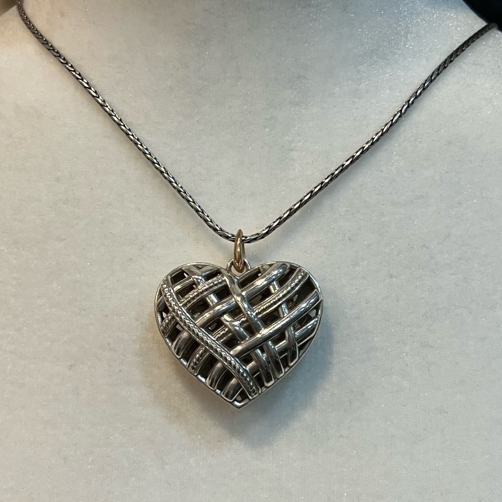 Brighton Large Heart Basketweave Pendant and Long Chain
